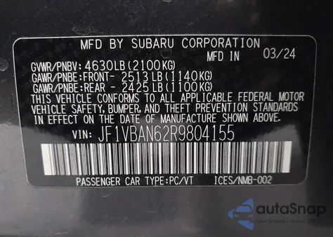 2024 Subaru Wrx Limited z USA, uszkodzony, nr VIN JF1VBAN62R9804155